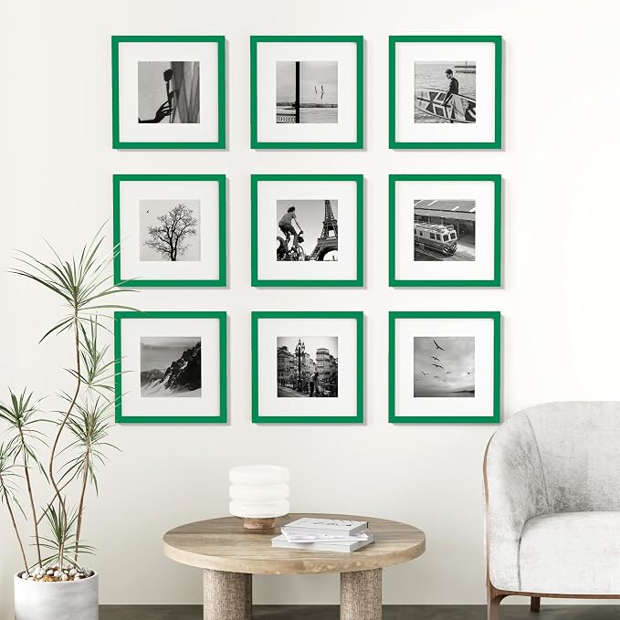 Vittanly 12x12 Picture Frames Set of 9 for Wall Mounting, Green | Display Pictures 8x8 with Mat or 12x12 without Mat for Wall Mounting, Square Photo Frames for Home Decor, Engineered Wood