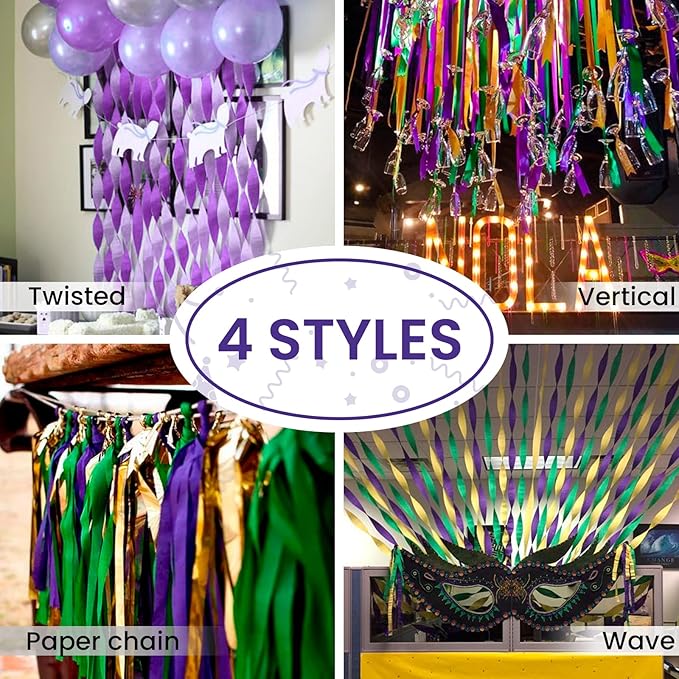PartyWoo Mardi Gras Crepe Paper Streamers 6 Rolls 492 ft Pack of Metallic Gold Purple and Green Crepe Paper for Mardi Gras Halloween Birthday Party Decorations (1.8 Inch x 82 Ft/Roll)