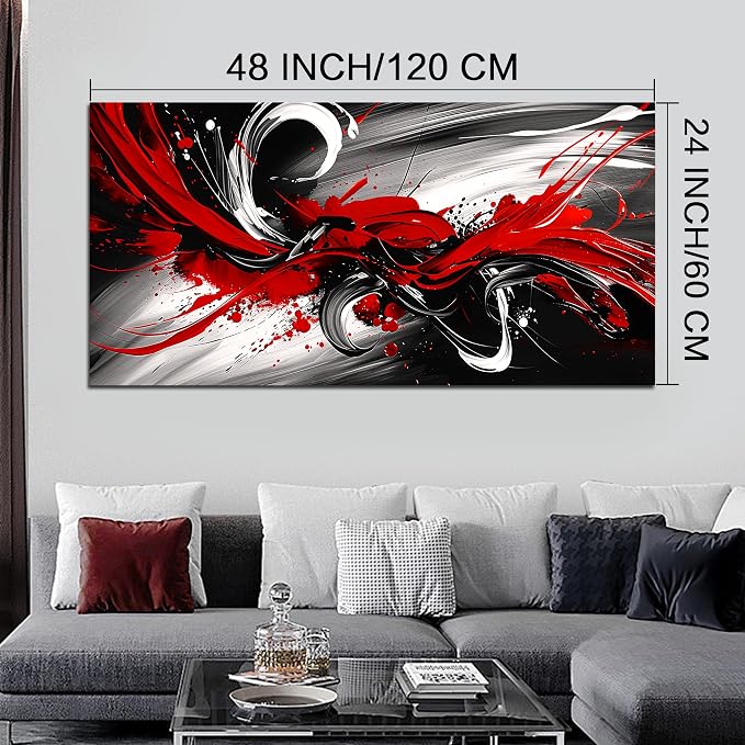Black and White Red Large Canvas Wall Art for Living Room Framed Print Picture Painting Bedroom Office Wall Decor Modern Room Abstract Wall Decorations Artwork Size 24x48 Ready to Hang