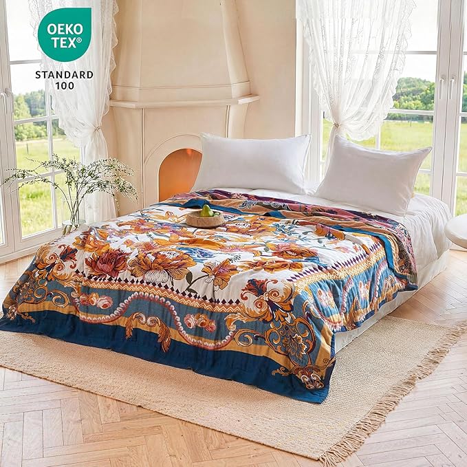 MSGKV Boho Throw Blanket 90"x90" Summer Cotton Victoria Floral Blanket | Muslin Throw, Victoria Floral, Reversible Woven, Lightweight Comfort, Farmhouse Decor, All Seasons, Machine Washable