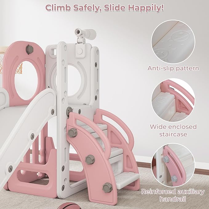 Toddler Slide, Outdoor Indoor Slide for Toddlers 1-3, Freestanding Slides with Basketball Hoop, Telescope, Storage Space and Non-Slip Steps (Pink)