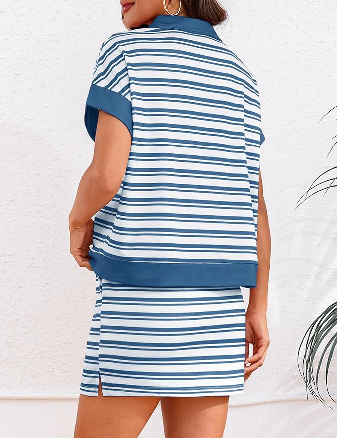 Womens Striped 2 Piece Outfits Skirt Set Summer Casual Short Sleeve Polo Skort Workout Set Matching Lounge Sets