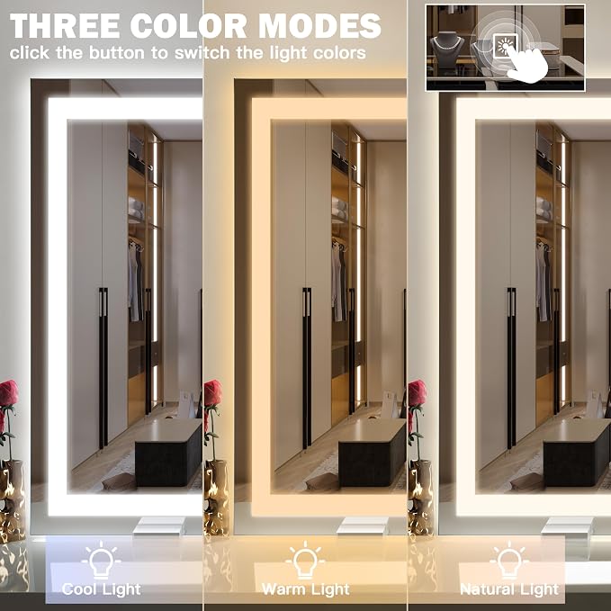 ROLOVE 40x28 Inch Lighted Vanity Mirror, 3-Color Lighting & Dimmable Modes, Large LED Makeup Mirror for Bathroom/Dressing Room (Wall/Tabletop Mount, White)