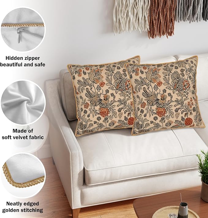 KSLIDS Art Boho Floral Soft Velvet Throw Pillow Covers Set of 2 Beige Rust Botanical Flowers Decorative Pillow Covers 16x16 Inch Farmhouse Vintage Pillow Case for Sofa Couch Living Room Home Decor