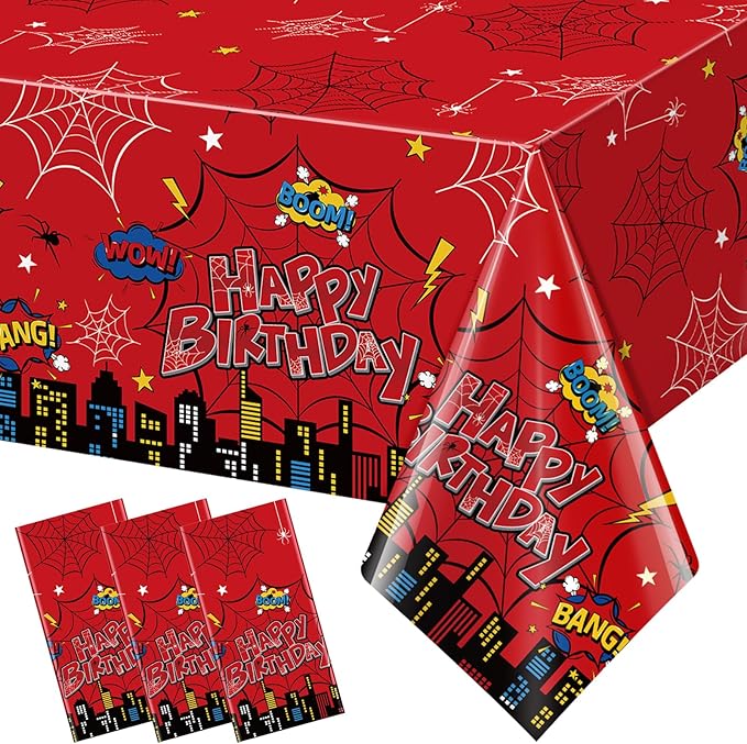 3Pcs Spider Birthday Party Tablecloth Decorations, Disposable Plastic Cartoon Spider Tablecloths Red Hero Table Cover for Rectangle Table Boy’s Birthday Party Supplies, 54x108 inches