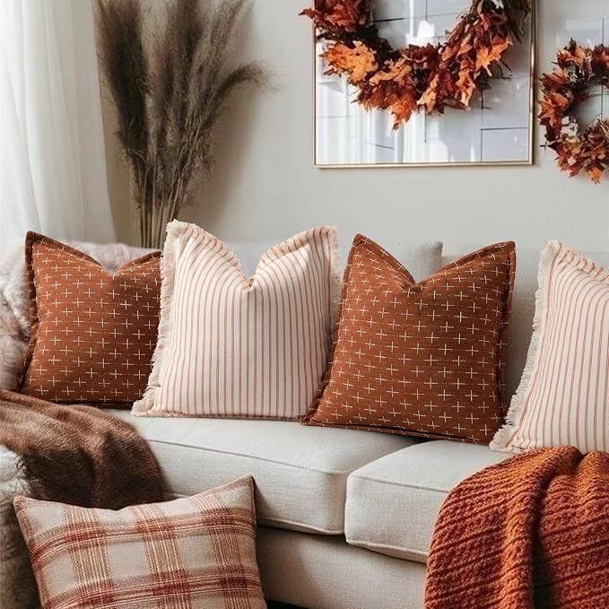 Fall Pillow Covers 20x20 Set of 2 Soft Polyester Textured Rust Pillow Covers with Stylish Flange Edge Cozy Farmhouse Throw Pillows for Couch Bed Sofa Living Room Fall Decor