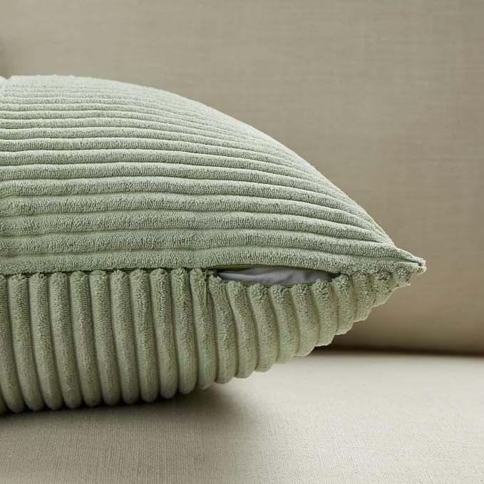 Fancy Homi 2 Packs Sage Green Lumbar Decorative Throw Pillow Covers 12x20 Inch for Living Room Couch Bed, Rustic Farmhouse Boho Home Decor, Soft Striped Corduroy Rectangle Accent Cushion Case 30x50 cm