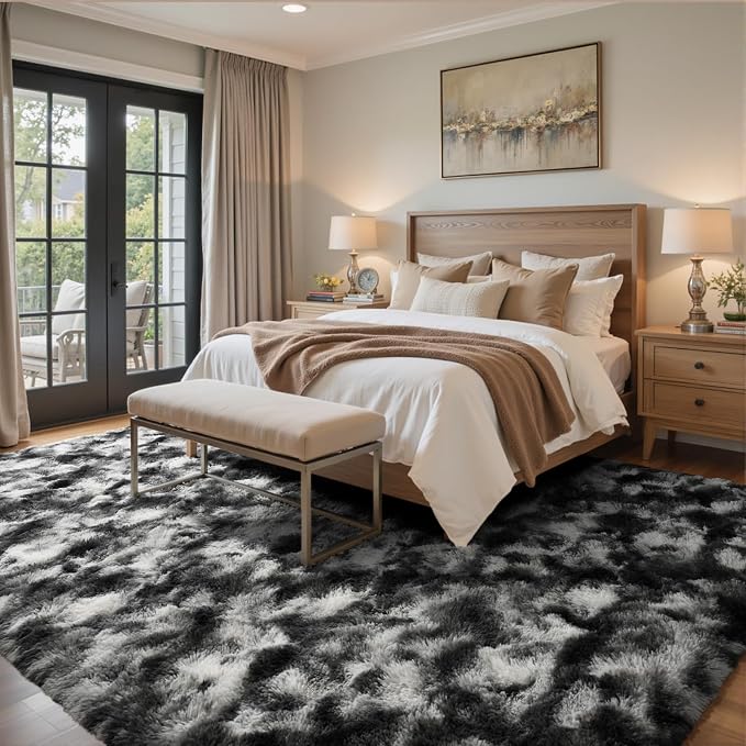 5x8 Ft Large Shag Rugs for Bedroom Living Room Decor for Men Boys, Tie Dyed Ultra Soft Fluffy Furry Area Rug for Indoor Floor, Aesthetic Carpet for Home Decor (Black Grey)