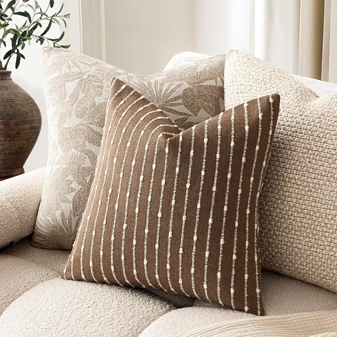 Foindtower Pack of 2 Decorative Jacquard Boucle Throw Pillow Covers Accent Textured Striped Pillowcases Soft Boho Modern Cushion for Couch Sofa Bedroom Living Room Home Decor 22x22 Inch Brown