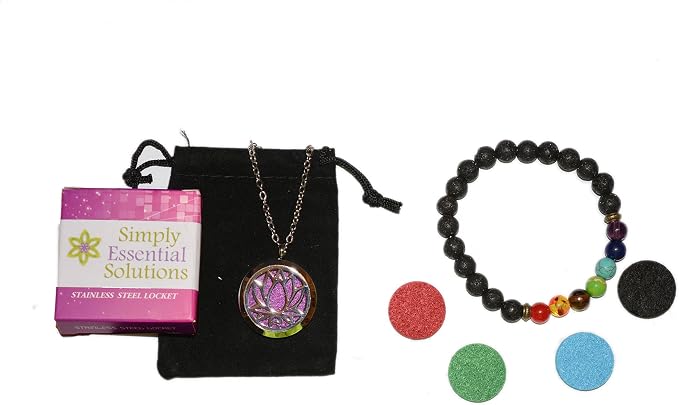Aromatherapy Essential Oil Diffuser Stainless Steel 30MM Silver Magnetic Locket Pendant with Chain Necklace and Colored Refill Pads & Diffuser Bracelet All in a Velvet Bag (lotusflower)