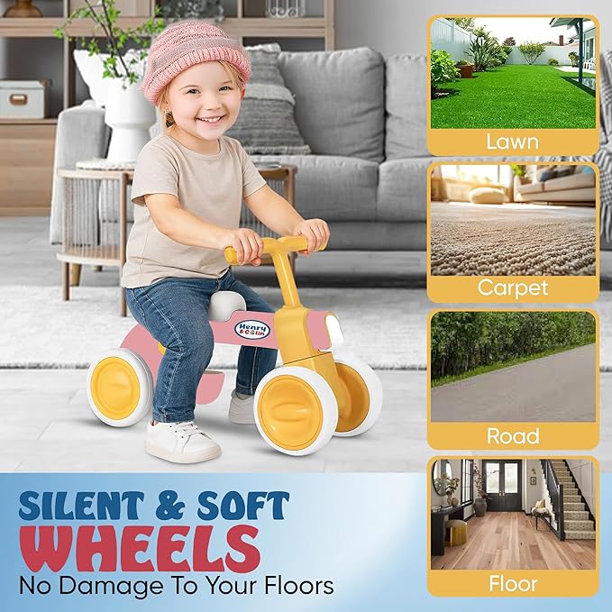 Henry & Colin Toddler Balance Bike for 1 to 3 Year Old Girls, 4 Wheel First Bike, Toddler Walker Riding Toy with Colorful Light and Music, First Birthday Gifts (Classic Pink)