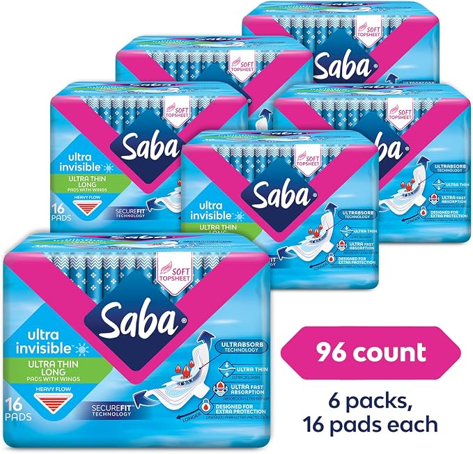 SABA Ultra Invisible Ultra Thin Long Pads with Wings, Heavy Flow, 6-Pack of 16 Pads (96 Count)
