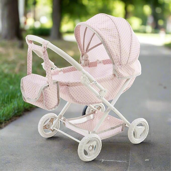 Olivia's Little World Polka Dot Princess Baby Doll Pram Stroller with Retractable Canopy & Storage, Pink