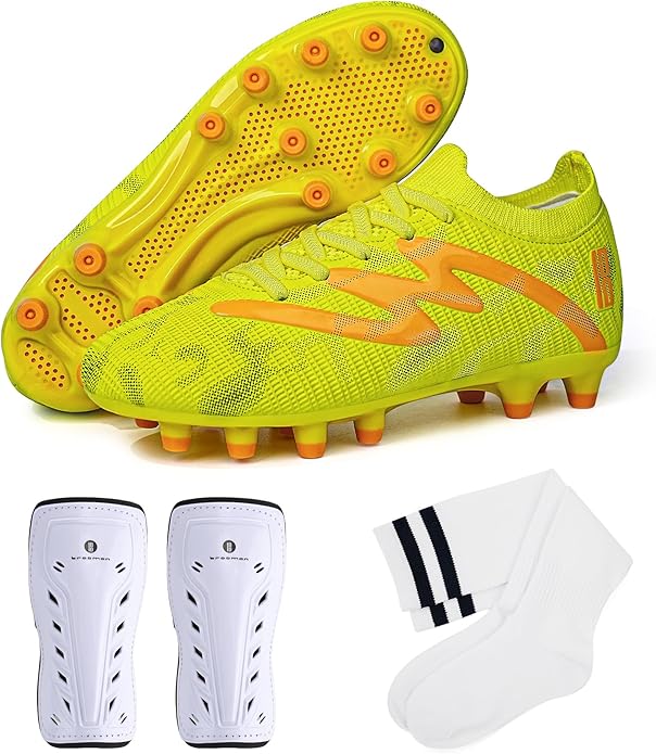 brooman Kids Firm Ground Soccer Cleats Boys Girls Football Shoes with Shin Guards and Soccer Socks