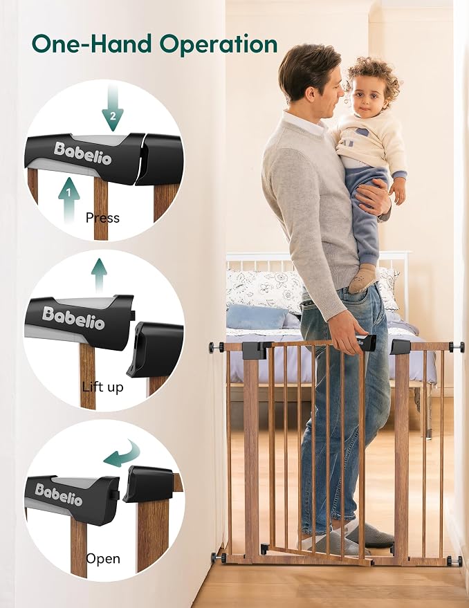 Babelio Metal Auto Close Baby Gate PressGuard P7, 29"-55" Wide Extra Wide Pet Gate for The House and Doorways, Pressure Mounted Walk Thru Child Gate with Door, Brown Wood Pattern