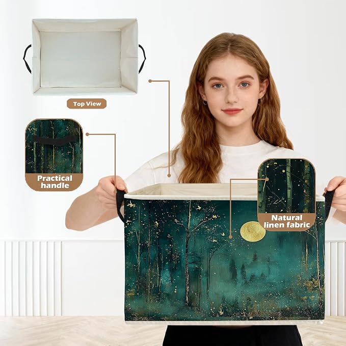 Dark Enchanted Forest Full Moon Storage Box Bins, Mystical Moonlit Night Forest Collapsible Storage Basket Organizer for Bedroom Laundry Room Home Clothes Books, Decor for Room