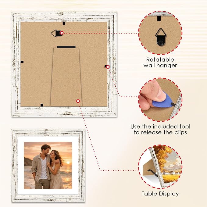 FIXSMITH 8x8 Picture Frame 2 Pack, Distressed White Photo Frame with HD Plexiglass, Display Pictures 6x6 with Mat or 8x8 Without Mat, Distressed White Multi Picture Frames Collage for Tabletop or Wall Display