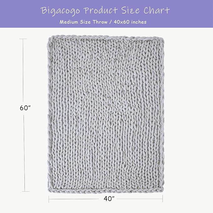 Bigacogo Chunky Knit Throw Blanket for Couch, 40x60 inches, Light Grey | Hand Knit with Jumbo Chenille, Soft Breathable Cable Knit for Sofa Bed Living Room, Machine Washable, Gift for Mom Friend