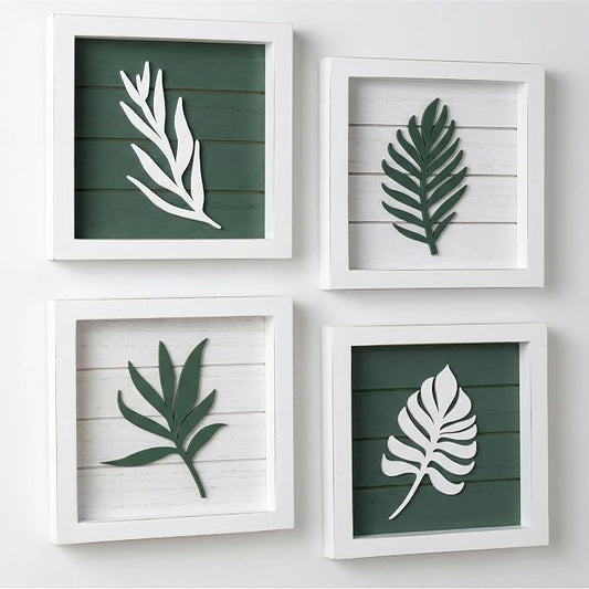 Tide and Tales 3D Green Botanical Wall Art, Framed Set of 4, Leaf Decor | 7x7 Inch, Lightweight, Wooden, Ready-to-Hang, Minimalist Boho Farmhouse Pictures for Bathroom, Bedroom, Living Room or Office