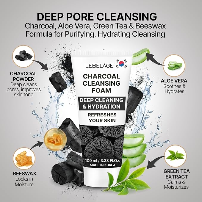 LEBELAGE Korean Charcoal Facial Cleanser 3.38 oz | Cleansing Foam Face Wash | Low pH Gentle Hydrating Daily Facial Cleanser Sensitive Skin | Deep Cleansing Foaming Cleanser, Pore Care-All Skin Types