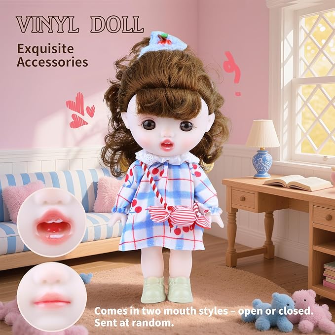 Vinyl Plush Doll, Dolls for Girls with Vinyl Face Brown Curly Hair Blue Dress Cute Movable Arms Legs, Princess Toys Kawaii Jointed Dolls Gifts for Collectibles Birthday Christmas Room Décor 8.6 Inch