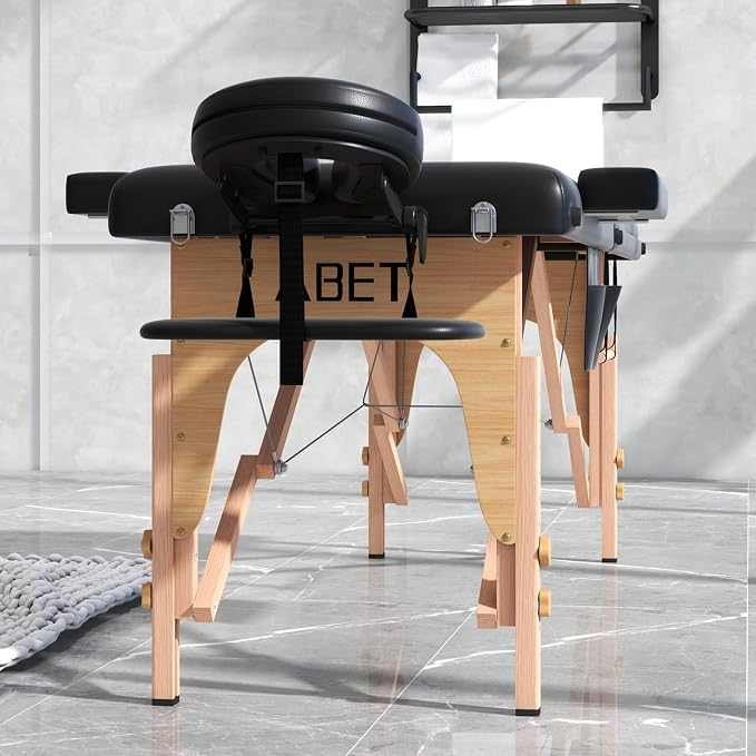 ABET Massage Table, 3 Fold Portable Lash Bed for Eyelash Extensions, Height Adjustable Lightweight Professional Facial Spa Beauty Salon Tattoo Table with Oil Pocket Towel Rod, Wood Feet & Black