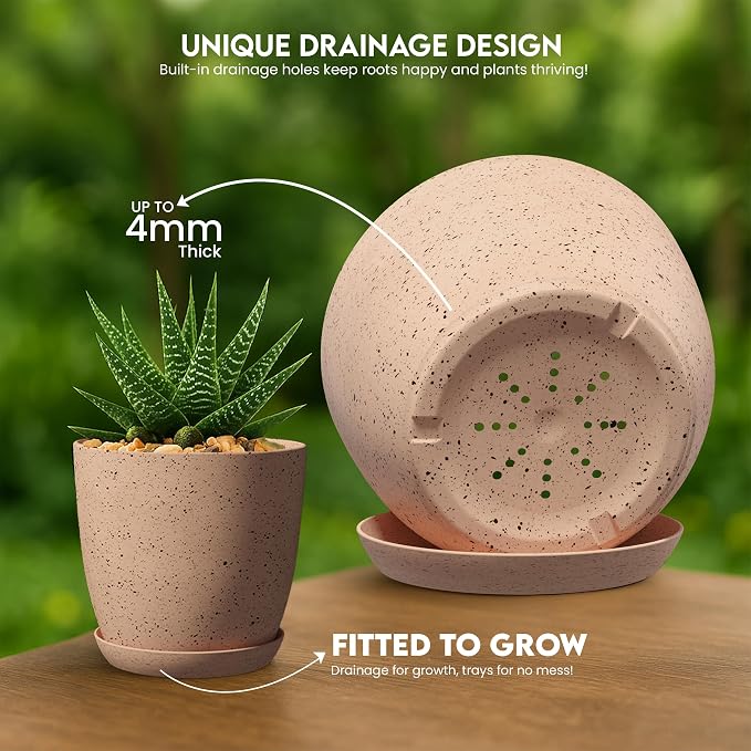 Plant Pots Indoor with Drainage 5 Pack Multisize Planters Spotty Peach Pink | Drainage holes included Multiple sizes 7/6.6/6/5.3/4.8 In Indoor plants and flowers Durable plastic construction
