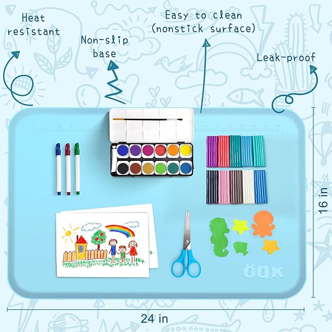 Silicone Art Mat for Crafts, 24" x 16" Painting Mat with Raised Sides to Stay Tidy, Paint Craft Mats for Clay, Resin, Slime, Jewelry-Making & Crafts Creation (Blue)