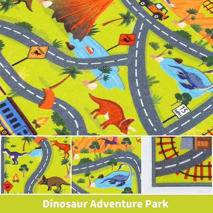 LIVEBOX 5x7 Dinosaur Adventure Rugs for Boys Bedroom,Non Slip Playroom Kids Car Track Rug Collection Safari Road Map,Educational & Game Play Carpet for Kids Room Classroom Living Room