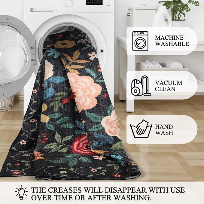 DUKINO 3x12 Washable Runner Rug, Long Hallway Runner Rug Non Slip, Black | Soft, Low Pile, Floral Indoor Runner Rug for Kitchen, Entryway, Bedroom, Bathroom, Laundry, Modern Home Decor, Non-Shedding