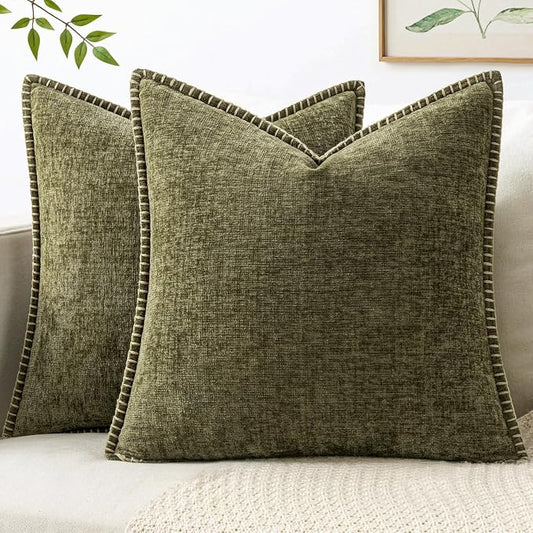 MIULEE Decorative Couch Throw Pillow Covers 18x18 Inch Olive Green 2 Pack | Farmhouse Pillow Covers with Stitched Edge, Soft Chenille Cushion Cases, for Sofa Bed Living Room Home Decor