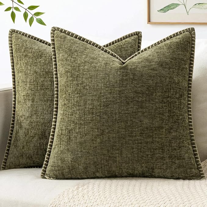 MIULEE Decorative Couch Throw Pillow Covers 16x16 Inch Olive Green 2 Pack | Farmhouse Pillow Covers with Stitched Edge, Soft Chenille Cushion Cases, for Sofa Bed Living Room Home Decor