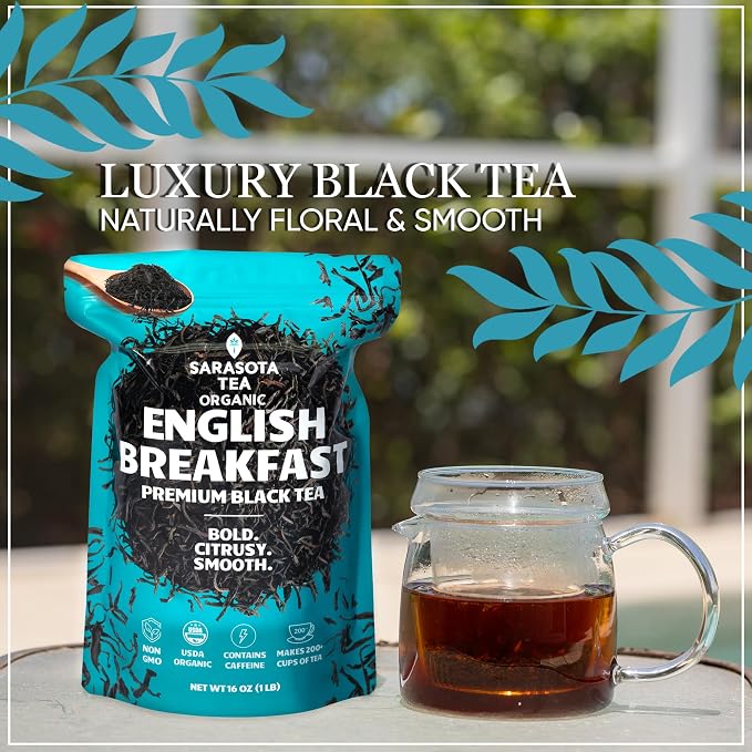 USDA Organic English Breakfast Loose Leaf Tea 1 lb – Strong Black Tea Blend, Full-Bodied High Caffeine – Bulk Gourmet Whole Leaf Tea – Non-GMO Fresh Leaves for Hot Tea or Iced Tea