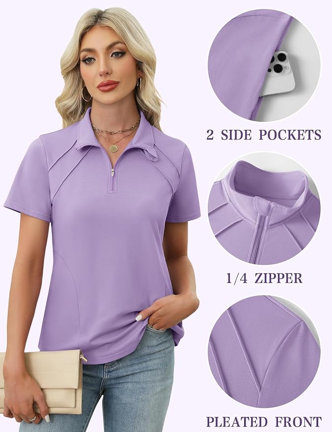 LOMON Womens Golf Polo Shirt Summer Short Sleeve Quarter Zip Outfit | Side-Pockets,Princess Seams,Cotton,Wrinkle Free,Moisture Wicking,Quick-Dry,Lightweight,Collared,for Tennis Workout