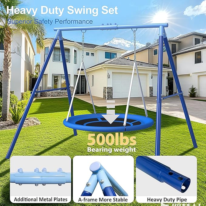 JYGOPLA Heavy Duty 500lbs Saucer Swing Set - Outdoor Metal Frame Playground Equipment for Backyard, Includes 45'' Tree Swing & Adjustable Steel Stand - Kids/Toddlers Age 3-12