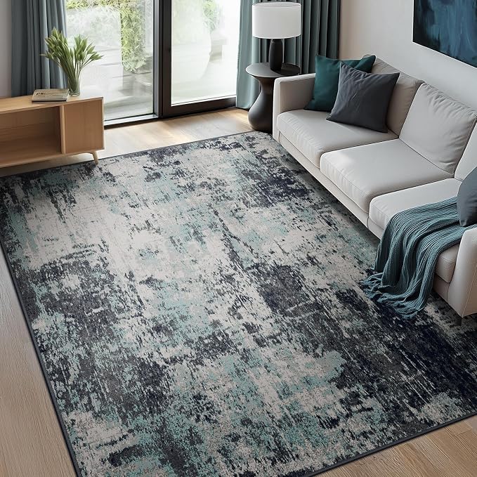 RELEANY Washable 6'x8' Abstract Area Rug for Living Room Teal Black | carpet for bedroom, kitchen, office, hallway and entryway, printed pattern, non-slip, soft, stain-resistant, easy to clean