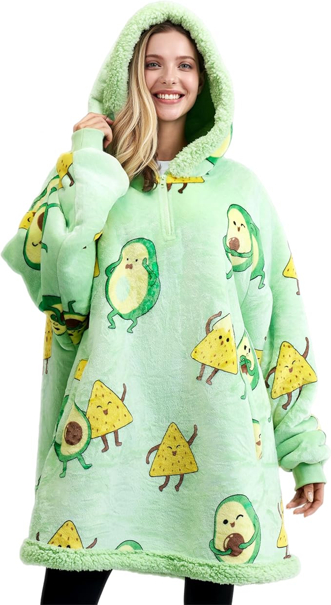 Giggling Getup Wearable Blanket Hoodie for Adults Gifts for Teen Girls Sister Women Sherpa Fleece Printed Hooded Blanket Sweatshirt Warm Cozy with Pocket & Sleeves Green Avocado