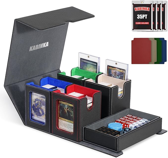 Kabinka Card Deck Box for MTG Commander, Holds 400+ Double-Sleeved Cards, 5 IN 1 Detachable Card Case with Dice Tray, Fits Magic/TCG Cards, 4 Magnetic Card Holders & Dividers (Colorful)