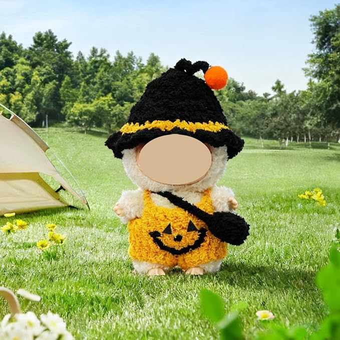 17cm Doll Clothes, Halloween Witch Hat and Pumpkin Costume Set Handcrafted Crochet Halloween Clothes for 6.7"(No Doll Included)