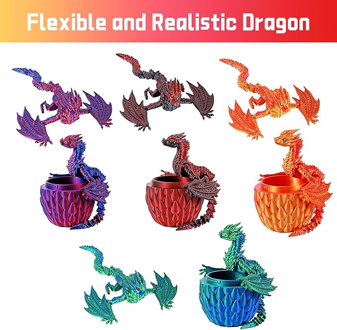 3D Printed Dragon,Flying Mystery Easter Egg Articulated Dragon,3D Printed Crystal Dragon with Wings,3D Dragon Eggs with Dragon Inside,Adults Fidget Toys for Autism ADHD (Red Gold Pro)