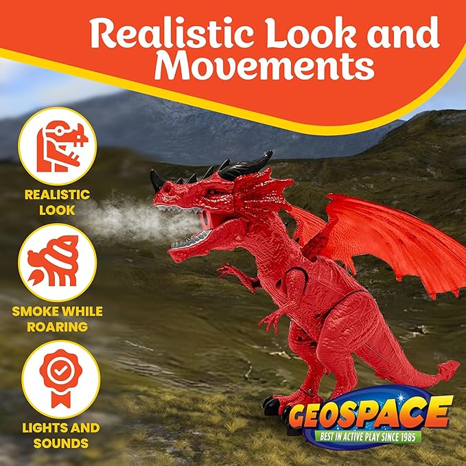 Geospace New Dragon Walking Dinosaur Toy – Smoke Breathing Fire Dragon Toy for Kids 3 & up, Walking Dinosaur Toys with Lights, Roaring Sound, Dragons Action Figure, Dragons for Gift (Firestorm)