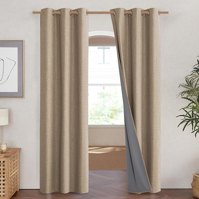 NICETOWN Burlap Vintage Open Linen Weave Flax Thermal Curtains, 100% Blackout Curtains 84" Long for Dining Room, Soundproof Window Treatment Drapes for Hall Room, 42" Wide Per Panel, Set of 2