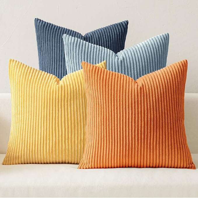 MIULEE Soft Corduroy Decorative Throw Pillow Covers Blue-Orange 20x20 | Set of 4, Mordern Nordic Coastal Decor, Summer Sky Wheat Set, Boho Farmhouse Cushion Covers for Couch Bed Sofa Living Room