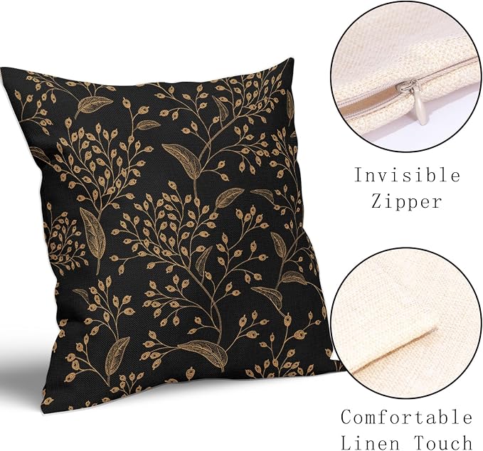 Boho Pillow Covers 20X20 Inch Set of 2 Black Gold Floral Leaves Decorative Pillow Cases Vintage Flower Leaf Cotton Linen Cushion Case Farmhouse Home Decor for Sofa Couch Porch Outdoor