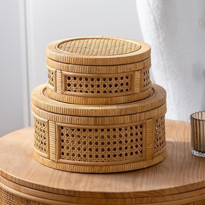 Rattan Decorative Box, Boho Decorative Boxes with Lids, Set of 2 Round Farmhouse Wicker Storage Box, Natural Woven Cane Bins for Home Decor