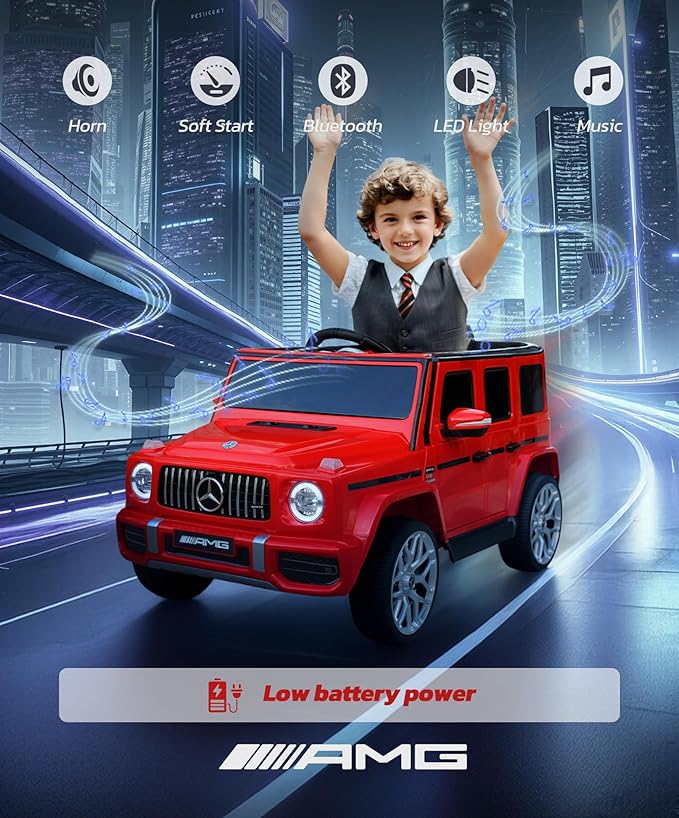 ELEMARA Licensed Mercedes-Benz AMG G63 Ride on Toys,Drivable Car for Toddler,Kids' Electric Vehicles,Dual Mode of Flashing Light/LED Light,Spring Suspension,Bluetooth,Music& Horn,Soft Start,Red