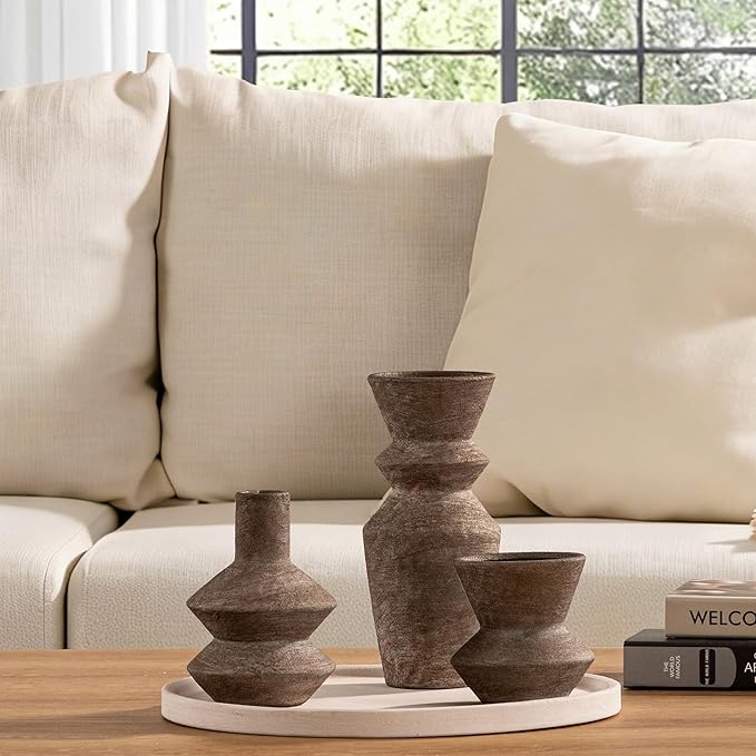 Ceramic Vase Home Table Decor - Brown Flower Vase Set of 3 Living Room Kitchen Decorations Farmhouse Modern Rustic Vases Decorative Centerpiece for Shelf Bedroom Office Bathroom Dining Coffee Desk