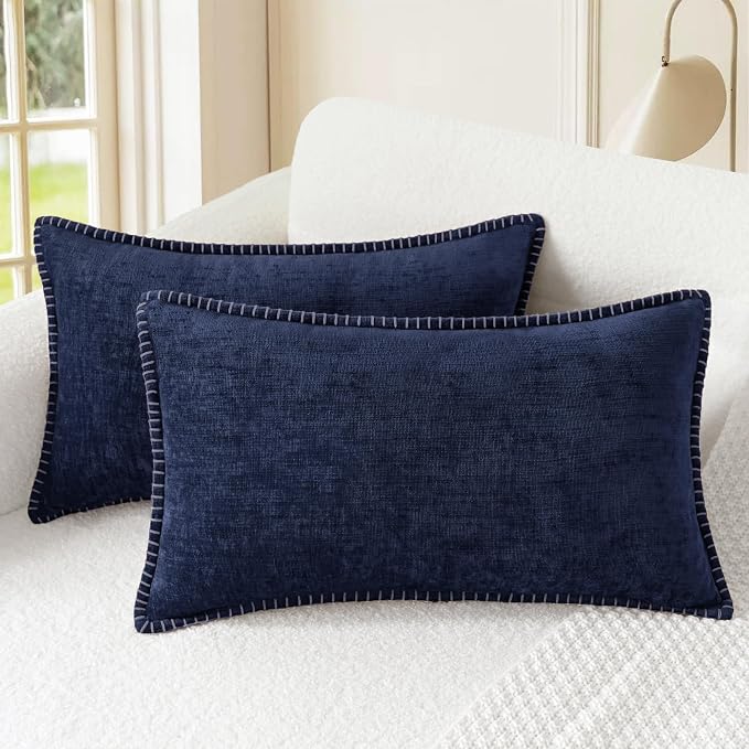 CaliTime Decorative Couch Throw Pillow Covers 20 X 12 Inches Navy Blue | Pack of 2, Cozy Chenille Cushion Cases, Cotton Thread Stitching Edges, for Sofa Bed Living Room Farmhouse