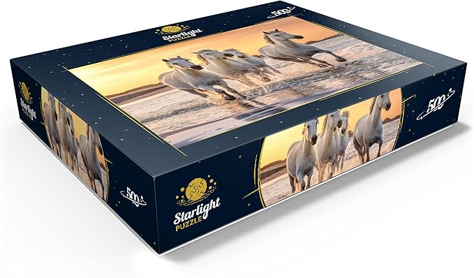 MyPuzzle White Camargue Horses Galloping On A Beach in France - Premium 500 Piece Jigsaw Puzzle for Adults