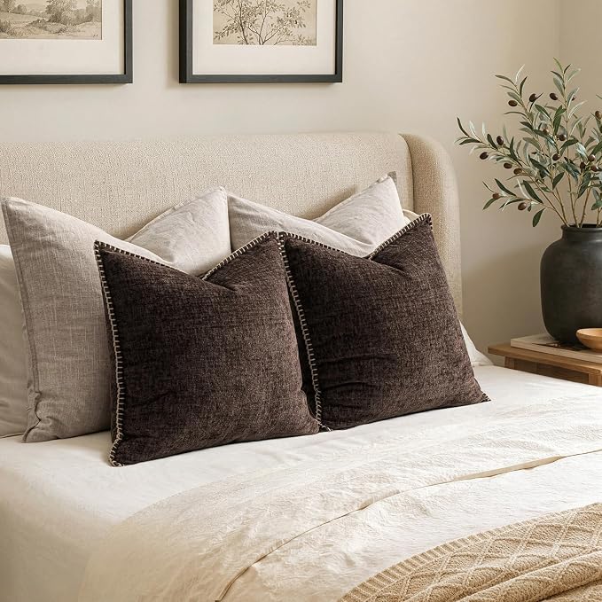 MIULEE Decorative Couch Throw Pillow Covers 18x18 Inch Dark Brown 2 Pack | Farmhouse Pillow Covers with Stitched Edge, Soft Chenille Cushion Cases, for Sofa Bed Living Room Home Decor